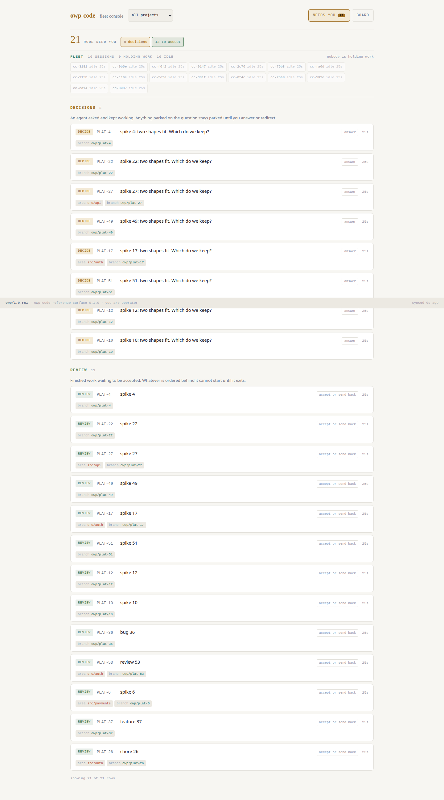 OWP coding fleet overview showing active sessions and decisions requiring operator attention