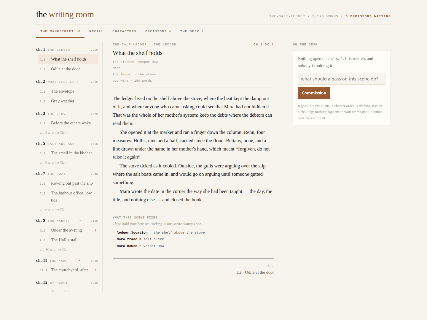 OWP writing room showing a manuscript page, chapter contents, and editorial margin